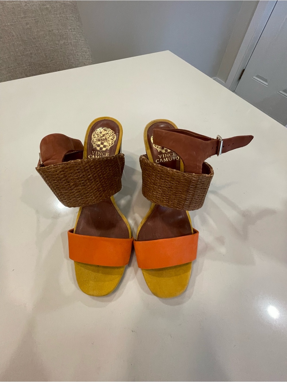 Vince Camuto Orange, Yellow & Brown Woven Ankle-Strap Sandals